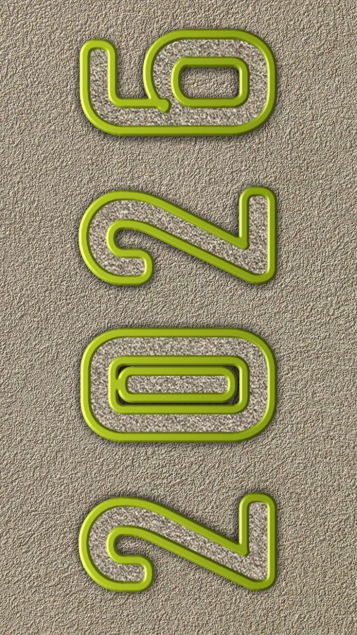 Modern Happy New Year 2026 Mobile Wallpaper featuring Vertical Lime Green Neon Style Outlined Typography on a Textured Sandstone Grey Background.