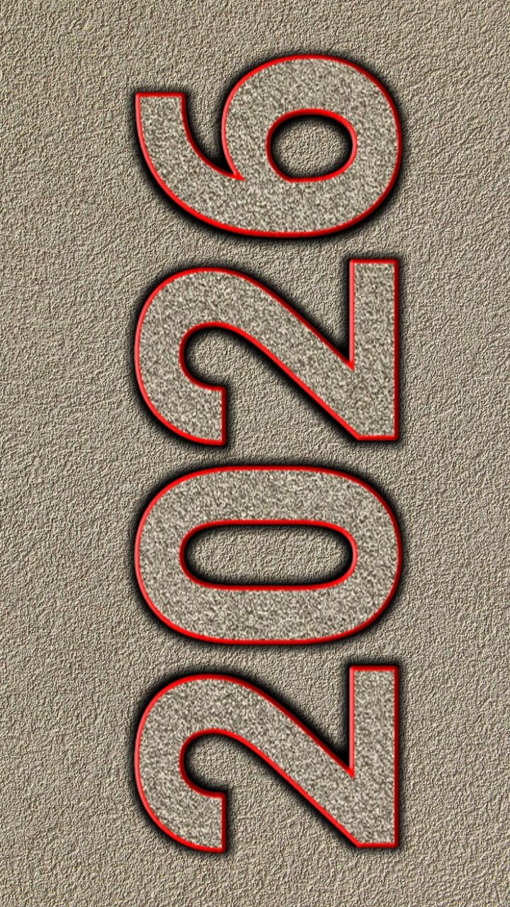 Modern Happy New Year 2026 Mobile Wallpaper featuring Vertical Textured Typography with Bold Red Outlines on a Neutral Stone Grey Background