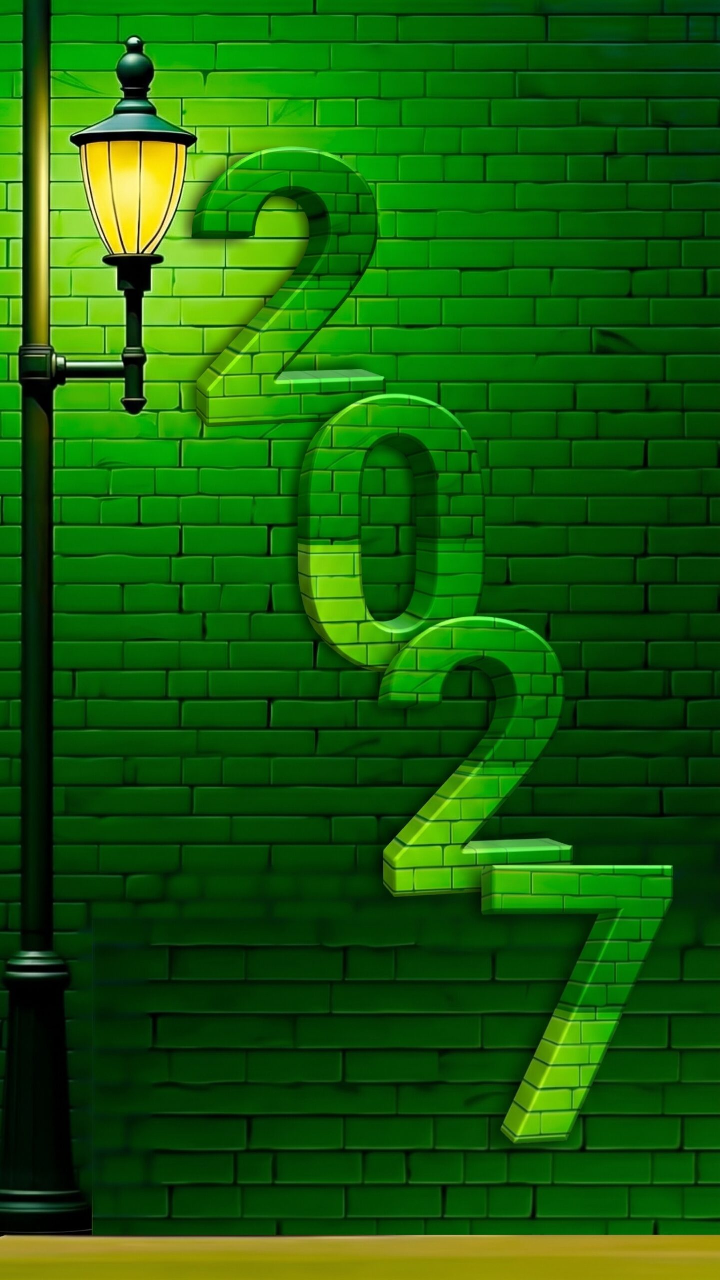 Modern Happy New Year 2027 Mobile Wallpaper featuring Vertical 3D Green Brick Typography on a Matching Green Brick Wall with a Glowing Vintage Street Lamp scaled Modern happy new year 2027 mobile wallpaper featuring vertical 3d green brick typography on a matching green brick wall with a glowing vintage street lamp