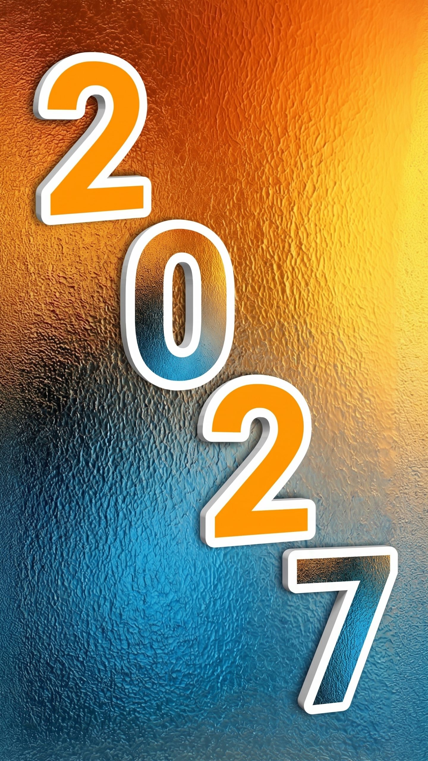 Modern Happy New Year 2027 Mobile Wallpaper featuring Vertical 3D Orange Typography on a Shimmering Metallic Copper and Blue Textured Background scaled Modern happy new year 2027 mobile wallpaper featuring vertical 3d orange typography on a shimmering metallic copper and blue textured background