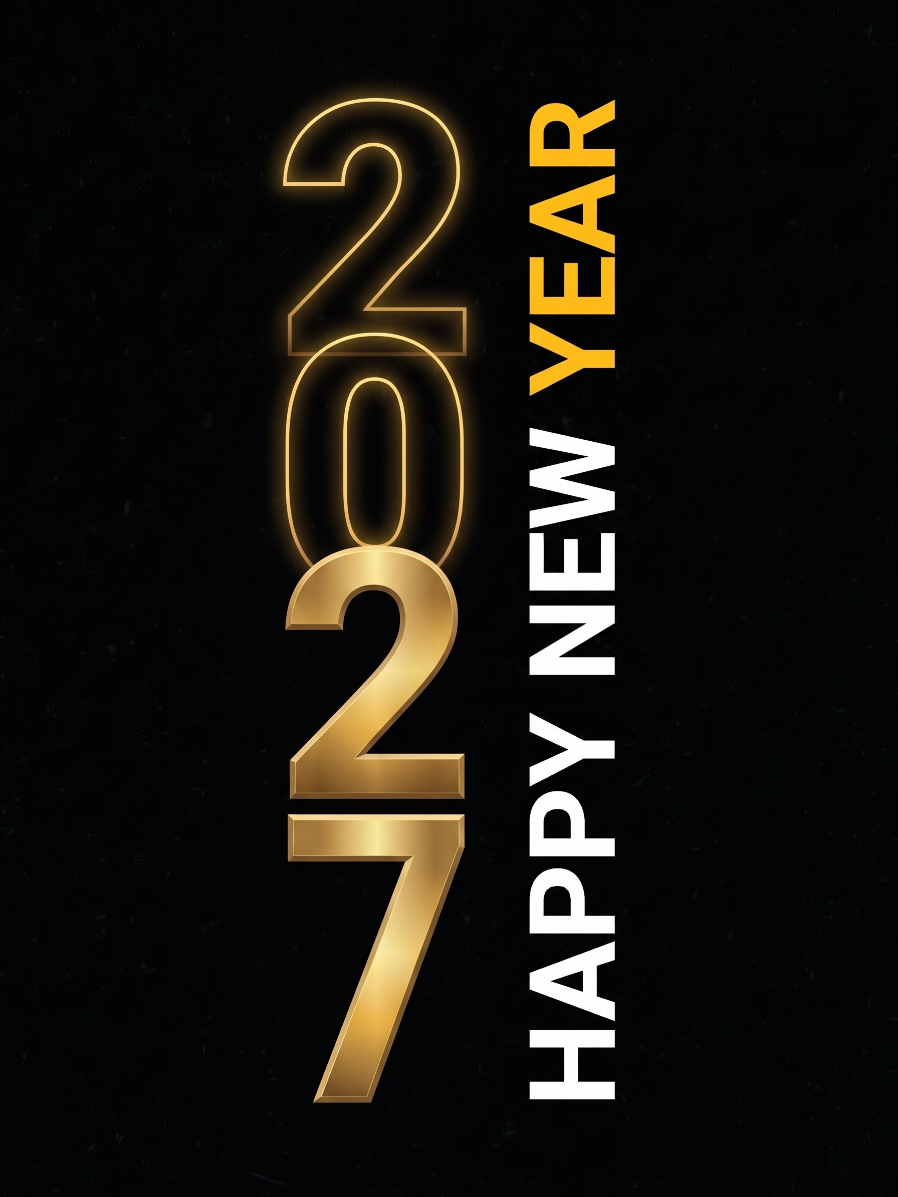 Modern Happy New Year 2027 Mobile Wallpaper featuring Vertical Gold and White Outlined Typography on a Minimalist Black Background Modern happy new year 2027 mobile wallpaper featuring vertical gold and white outlined typography on a minimalist black background