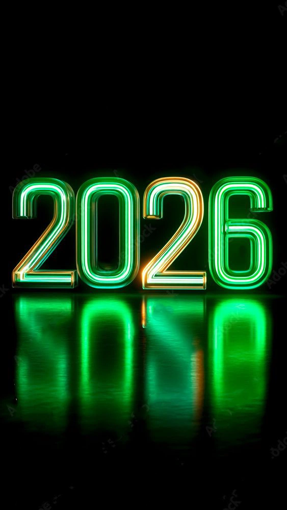 Neon Green Numbers 2026 Reflected on Dark Floor. Futuristic Year, Cyber Countdown, New Beginning
