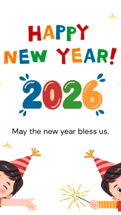 Vibrant 2026 New Year Greetings with Adorable Cartoon Kids Celebrating Happy New Year Wishes & Sparkling Moments
