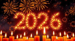 bright 2026 new year s eve celebration with fiery fireworks and glowing candles marking the coming year photo