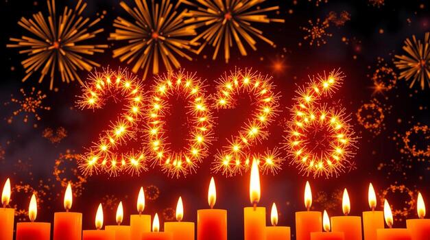 bright 2026 new year s eve celebration with fiery fireworks and glowing candles marking the coming year photo