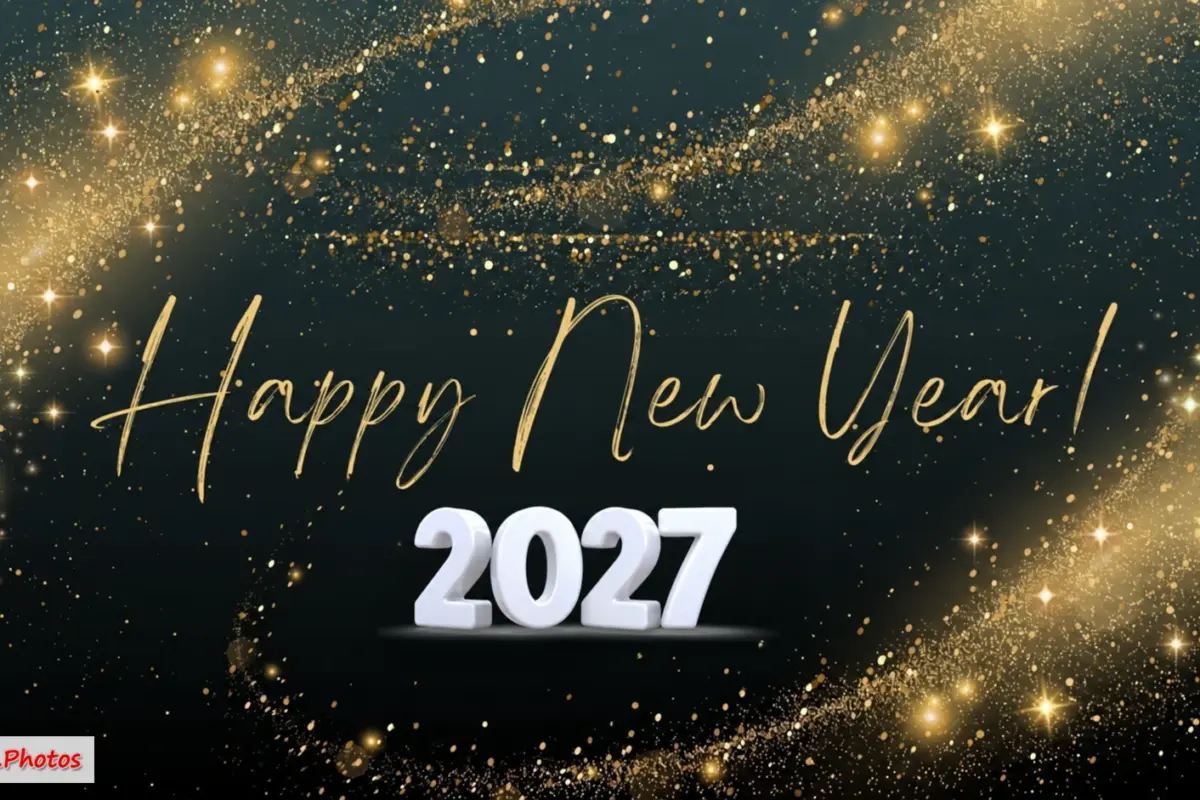 Happy New Year 2027 lettering and bright stars on a dark blue night-sky background