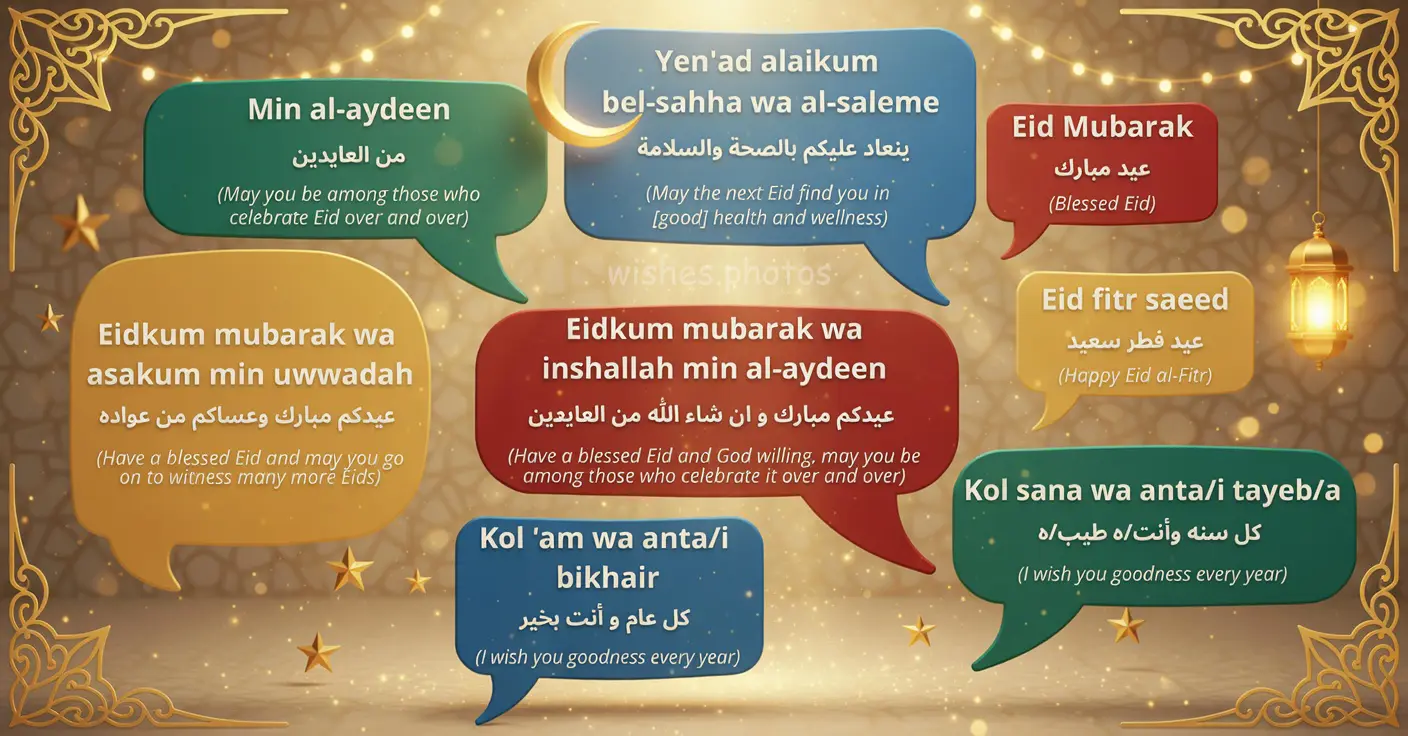 8 Ways to Say Happy Eid in Arabic with English Translation Free Multilingual Eid Cards Colorful Eid Mubarak 2026 infographic showing 8 traditional Arabic greetings in speech bubbles with English translations including “Eid Mubarak”, “Min al-aydeen”, “Eid fitr saeed”, “Kol sana wa anta tayeb”, and more. Beautiful multilingual Happy Eid wishes chart with lantern and string light design – free downloadable Eid 2026 greeting cards from wishes.photos for WhatsApp, Instagram and family messages.