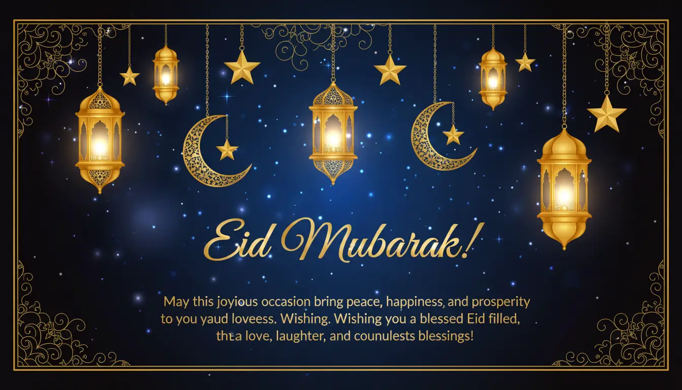 Elegant Eid Mubarak greeting card with golden lanterns and stars on a deep blue background wishing a blessed Eid to loved ones Elegant Eid Mubarak greeting card with golden lanterns and stars on a deep blue background wishing a blessed Eid to loved ones.