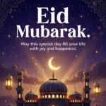 Beautiful Happy Eid Mubarak 2026 greeting card featuring a glowing mosque silhouette, golden crescent moon and hanging lanterns against a magical purple twilight sky. Text reads: “Eid Mubarak. May this special day fill your life with joy and happiness.” Free Eid Mubarak 2026 image from wishes.photos – perfect for WhatsApp, Instagram and family wishe