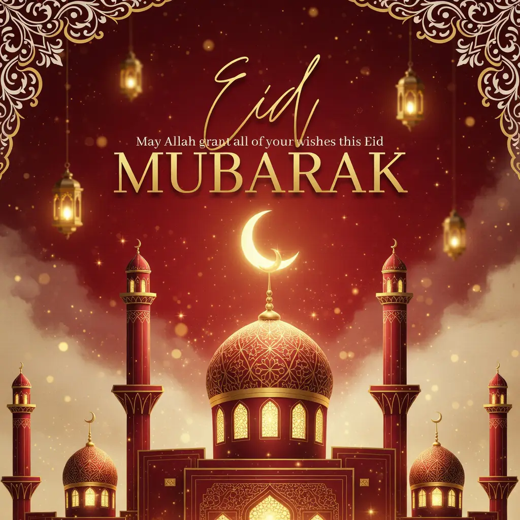 Red and Gold Festive Eid Greeting image with May Allah grant all of your wishes this Eid Red and Gold Festive Eid Greeting image with May Allah grant all of your wishes this Eid