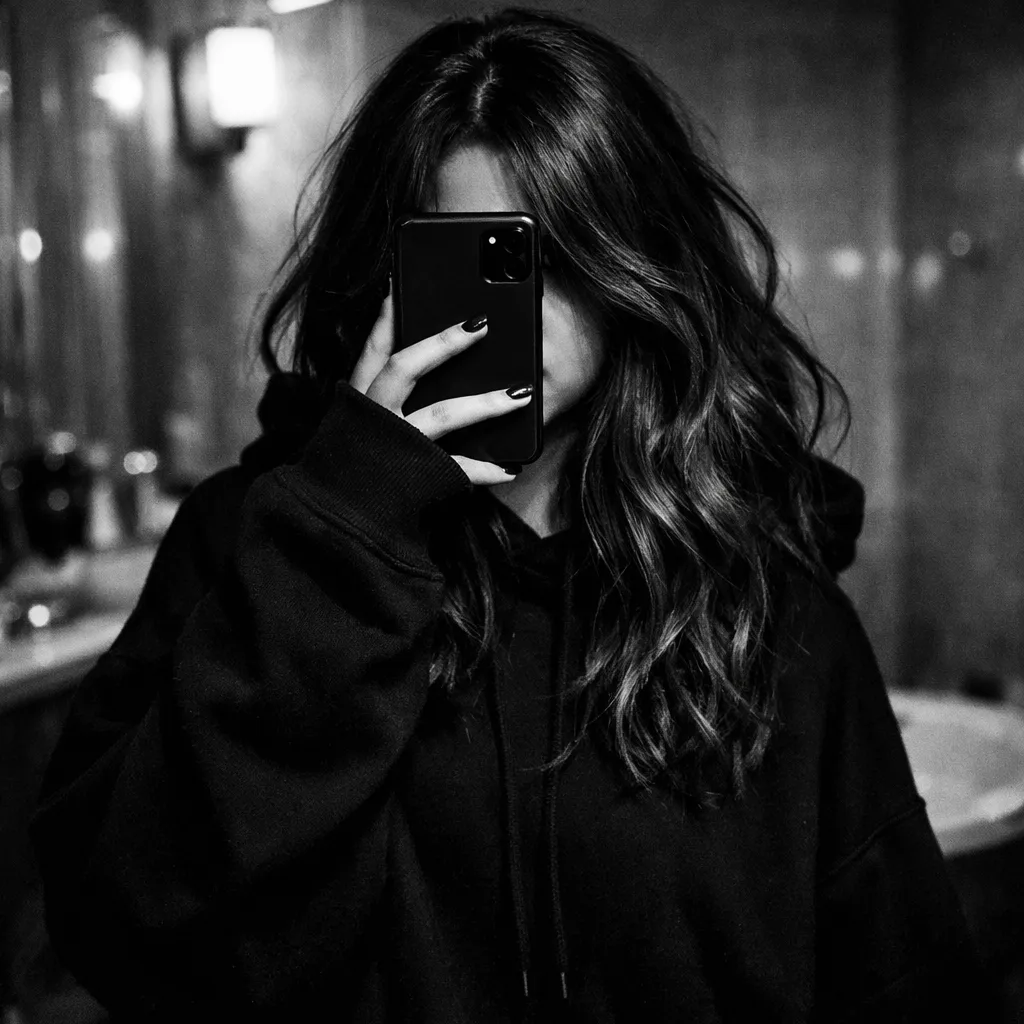 Stylish Hidden Face Girl DP — Black & White Mirror Selfie