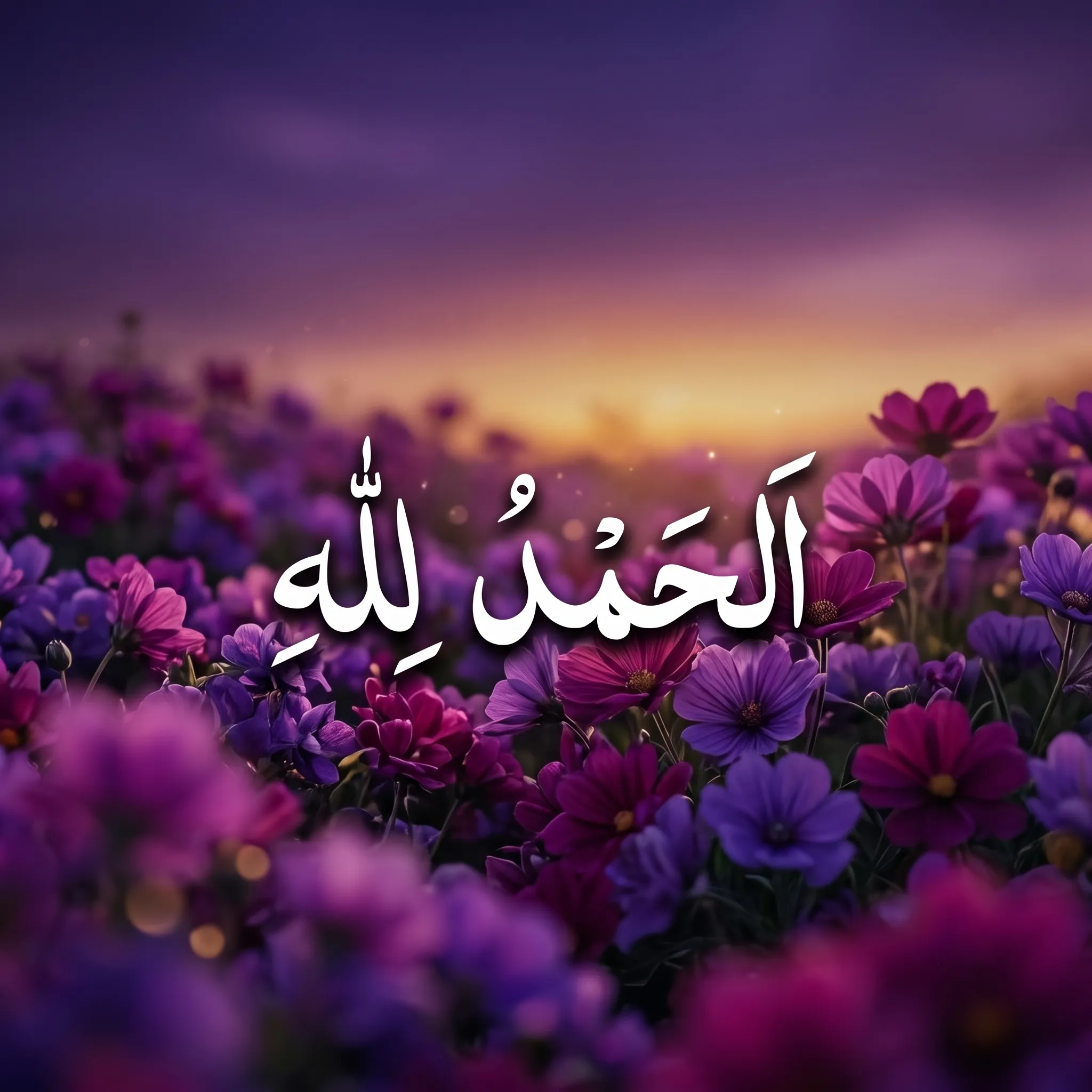 Alhamdulillah Arabic Calligraphy Profile Picture Alhamdulillah Arabic calligraphy in white over a bed of deep purple flowers at sunset, profile picture optimized