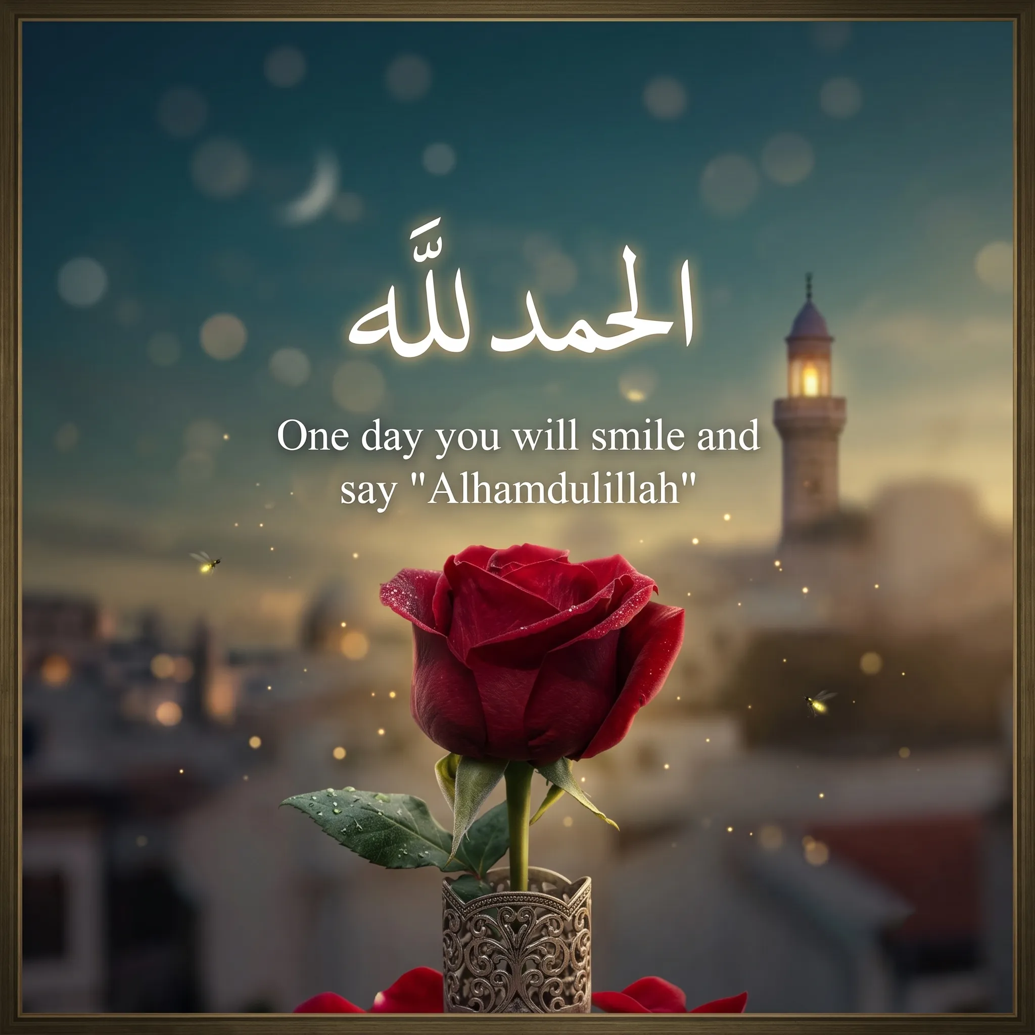 islamic alhamdulillah gratitude rose mosque dusk An elegant red rose in a filigree vase on a table, in front of a blurred mosque and cityscape at dusk. The Islamic quote 'One day you will smile and say 'Alhamdulillah'' and the corresponding Arabic calligraphy (الحمد لله) are presented in clean white text at the top.